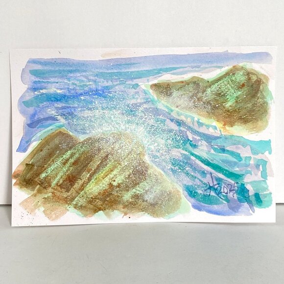 Beach Splash Original Seascape Watercolor Painting Matted Frame Ready 8x10in Mat - Picture 4 of 5